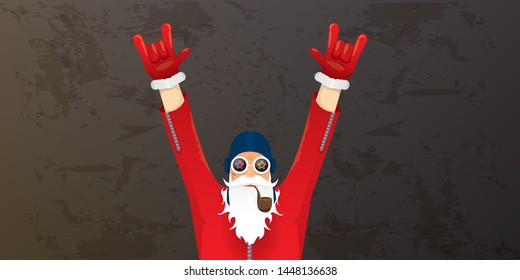 vector DJ rock n roll santa claus with smoking pipe, santa beard and funky hat isolated on grunge horizontal banner background with xmas stars and lights. Horizontal Christmas hipster party poster