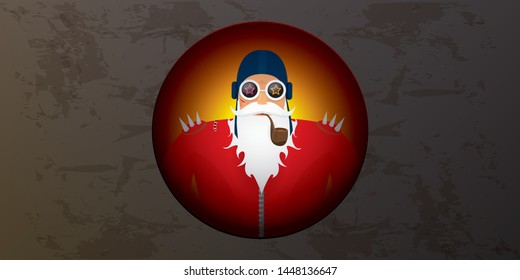 vector DJ rock n roll santa claus with smoking pipe, santa beard and funky hat isolated on grunge horizontal banner background with xmas stars and lights. Horizontal Christmas hipster party poster