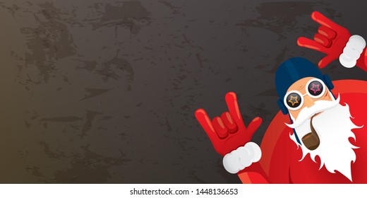 vector DJ rock n roll santa claus with smoking pipe, santa beard and funky hat isolated on grunge horizontal banner background with xmas stars and lights. Horizontal Christmas hipster party poster