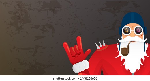 vector DJ rock n roll santa claus with smoking pipe, santa beard and funky hat isolated on grunge horizontal banner background with xmas stars and lights. Horizontal Christmas hipster party poster