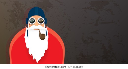 vector DJ rock n roll santa claus with smoking pipe, santa beard and funky hat isolated on grunge horizontal banner background with xmas stars and lights. Horizontal Christmas hipster party poster