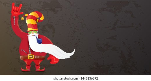 vector DJ rock n roll santa claus with smoking pipe, santa beard and funky hat isolated on grunge horizontal banner background with xmas stars and lights. Horizontal Christmas hipster party poster