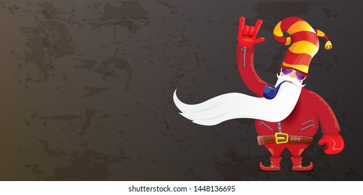 vector DJ rock n roll santa claus with smoking pipe, santa beard and funky hat isolated on grunge horizontal banner background with xmas stars and lights. Horizontal Christmas hipster party poster