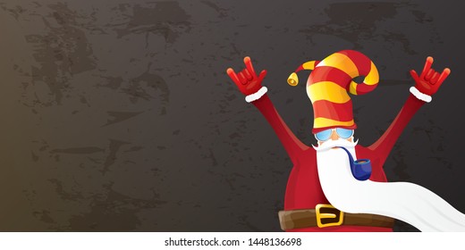 vector DJ rock n roll santa claus with smoking pipe, santa beard and funky hat isolated on grunge horizontal banner background with xmas stars and lights. Horizontal Christmas hipster party poster