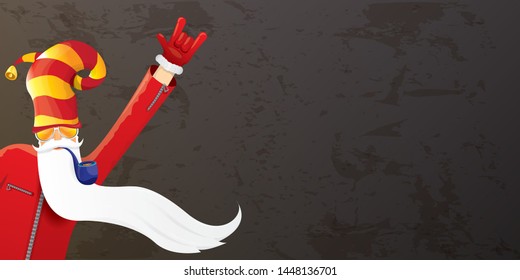 vector DJ rock n roll santa claus with smoking pipe, santa beard and funky hat isolated on grunge horizontal banner background with xmas stars and lights. Horizontal Christmas hipster party poster