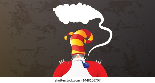 vector DJ rock n roll santa claus with smoking pipe, santa beard and funky hat isolated on grunge horizontal banner background with xmas stars and lights. Horizontal Christmas hipster party poster