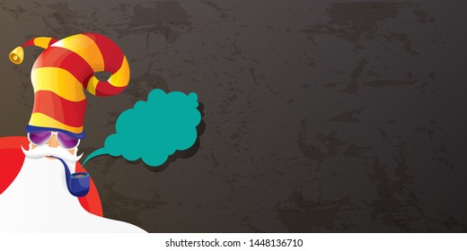 vector DJ rock n roll santa claus with smoking pipe, santa beard and funky hat isolated on grunge horizontal banner background with xmas stars and lights. Horizontal Christmas hipster party poster