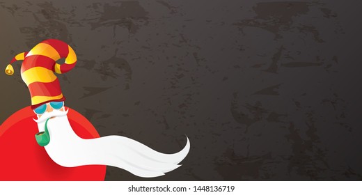 vector DJ rock n roll santa claus with smoking pipe, santa beard and funky hat isolated on grunge horizontal banner background with xmas stars and lights. Horizontal Christmas hipster party poster