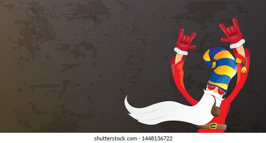 vector DJ rock n roll santa claus with smoking pipe, santa beard and funky hat isolated on grunge horizontal banner background with xmas stars and lights. Horizontal Christmas hipster party poster