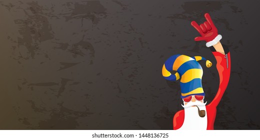 vector DJ rock n roll santa claus with smoking pipe, santa beard and funky hat isolated on grunge horizontal banner background with xmas stars and lights. Horizontal Christmas hipster party poster