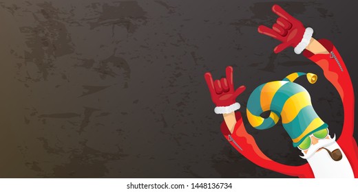 vector DJ rock n roll santa claus with smoking pipe, santa beard and funky hat isolated on grunge horizontal banner background with xmas stars and lights. Horizontal Christmas hipster party poster