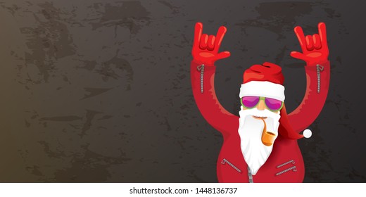 vector DJ rock n roll santa claus with smoking pipe, santa beard and funky hat isolated on grunge horizontal banner background with xmas stars and lights. Horizontal Christmas hipster party poster