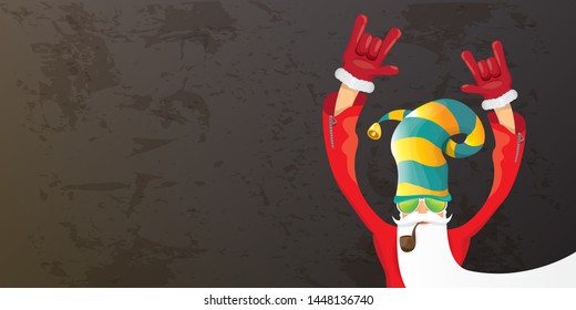 vector DJ rock n roll santa claus with smoking pipe, santa beard and funky hat isolated on grunge horizontal banner background with xmas stars and lights. Horizontal Christmas hipster party poster