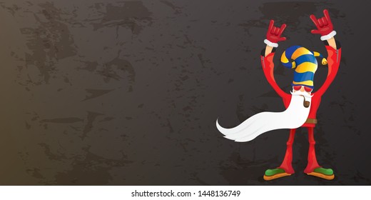 vector DJ rock n roll santa claus with smoking pipe, santa beard and funky hat isolated on grunge horizontal banner background with xmas stars and lights. Horizontal Christmas hipster party poster