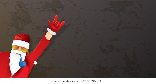 vector DJ rock n roll santa claus with smoking pipe, santa beard and funky hat isolated on grunge horizontal banner background with xmas stars and lights. Horizontal Christmas hipster party poster
