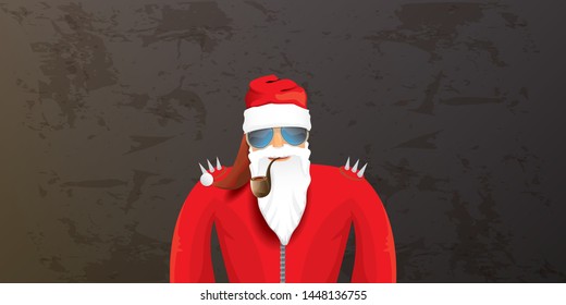 vector DJ rock n roll santa claus with smoking pipe, santa beard and funky hat isolated on grunge horizontal banner background with xmas stars and lights. Horizontal Christmas hipster party poster
