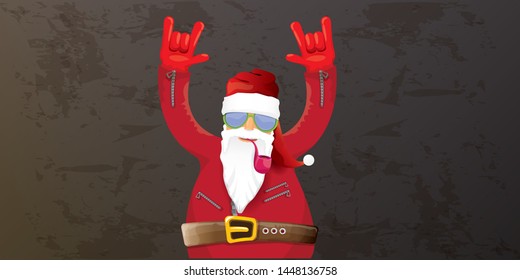 vector DJ rock n roll santa claus with smoking pipe, santa beard and funky hat isolated on grunge horizontal banner background with xmas stars and lights. Horizontal Christmas hipster party poster