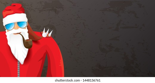 vector DJ rock n roll santa claus with smoking pipe, santa beard and funky hat isolated on grunge horizontal banner background with xmas stars and lights. Horizontal Christmas hipster party poster