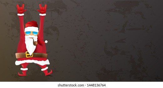 vector DJ rock n roll santa claus with smoking pipe, santa beard and funky hat isolated on grunge horizontal banner background with xmas stars and lights. Horizontal Christmas hipster party poster