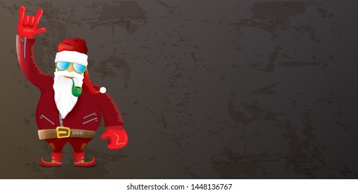 vector DJ rock n roll santa claus with smoking pipe, santa beard and funky hat isolated on grunge horizontal banner background with xmas stars and lights. Horizontal Christmas hipster party poster