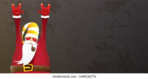 vector DJ rock n roll santa claus with smoking pipe, santa beard and funky hat isolated on grunge horizontal banner background with xmas stars and lights. Horizontal Christmas hipster party poster