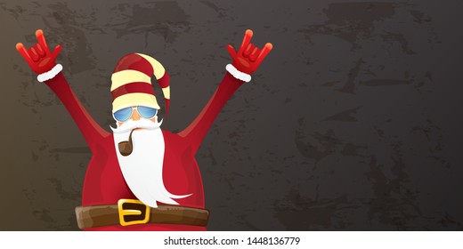 vector DJ rock n roll santa claus with smoking pipe, santa beard and funky hat isolated on grunge horizontal banner background with xmas stars and lights. Horizontal Christmas hipster party poster