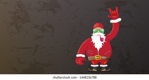 vector DJ rock n roll santa claus with smoking pipe, santa beard and funky hat isolated on grunge horizontal banner background with xmas stars and lights. Horizontal Christmas hipster party poster
