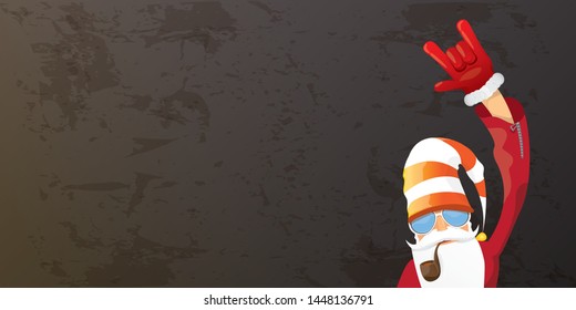 vector DJ rock n roll santa claus with smoking pipe, santa beard and funky hat isolated on grunge horizontal banner background with xmas stars and lights. Horizontal Christmas hipster party poster