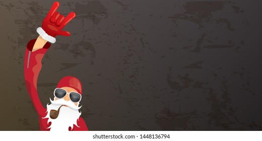 vector DJ rock n roll santa claus with smoking pipe, santa beard and funky hat isolated on grunge horizontal banner background with xmas stars and lights. Horizontal Christmas hipster party poster