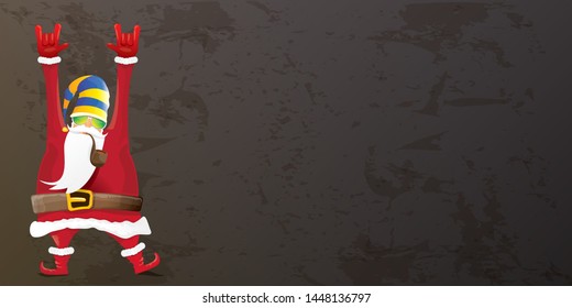 vector DJ rock n roll santa claus with smoking pipe, santa beard and funky hat isolated on grunge horizontal banner background with xmas stars and lights. Horizontal Christmas hipster party poster