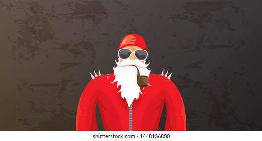 vector DJ rock n roll santa claus with smoking pipe, santa beard and funky hat isolated on grunge horizontal banner background with xmas stars and lights. Horizontal Christmas hipster party poster