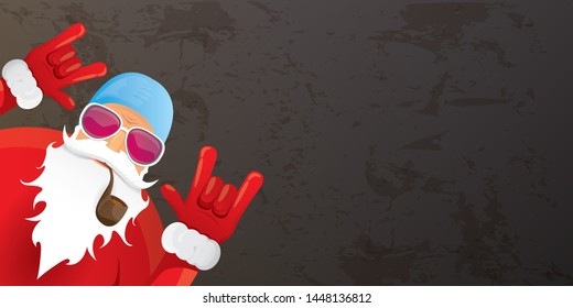 vector DJ rock n roll santa claus with smoking pipe, santa beard and funky hat isolated on grunge horizontal banner background with xmas stars and lights. Horizontal Christmas hipster party poster
