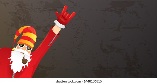 vector DJ rock n roll santa claus with smoking pipe, santa beard and funky hat isolated on grunge horizontal banner background with xmas stars and lights. Horizontal Christmas hipster party poster
