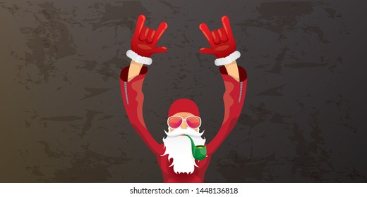vector DJ rock n roll santa claus with smoking pipe, santa beard and funky hat isolated on grunge horizontal banner background with xmas stars and lights. Horizontal Christmas hipster party poster
