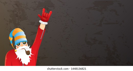 vector DJ rock n roll santa claus with smoking pipe, santa beard and funky hat isolated on grunge horizontal banner background with xmas stars and lights. Horizontal Christmas hipster party poster