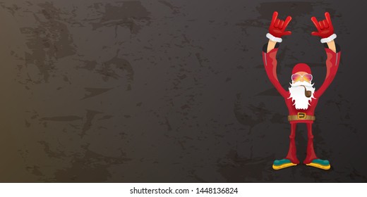 vector DJ rock n roll santa claus with smoking pipe, santa beard and funky hat isolated on grunge horizontal banner background with xmas stars and lights. Horizontal Christmas hipster party poster