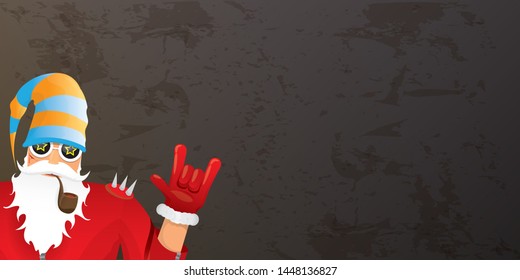 vector DJ rock n roll santa claus with smoking pipe, santa beard and funky hat isolated on grunge horizontal banner background with xmas stars and lights. Horizontal Christmas hipster party poster