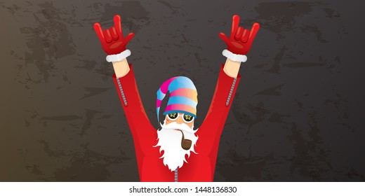 vector DJ rock n roll santa claus with smoking pipe, santa beard and funky hat isolated on grunge horizontal banner background with xmas stars and lights. Horizontal Christmas hipster party poster