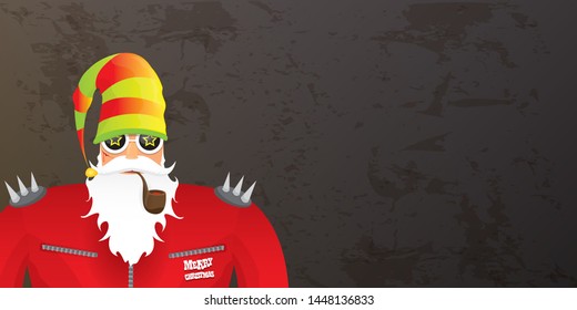 vector DJ rock n roll santa claus with smoking pipe, santa beard and funky hat isolated on grunge horizontal banner background with xmas stars and lights. Horizontal Christmas hipster party poster