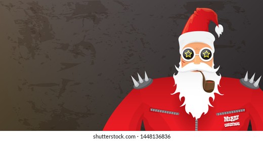 vector DJ rock n roll santa claus with smoking pipe, santa beard and funky hat isolated on grunge horizontal banner background with xmas stars and lights. Horizontal Christmas hipster party poster