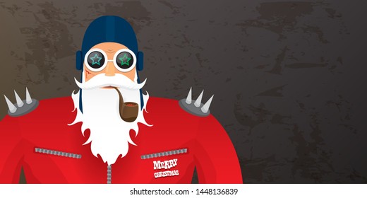 vector DJ rock n roll santa claus with smoking pipe, santa beard and funky hat isolated on grunge horizontal banner background with xmas stars and lights. Horizontal Christmas hipster party poster