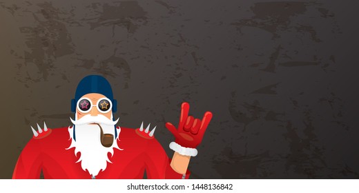 vector DJ rock n roll santa claus with smoking pipe, santa beard and funky hat isolated on grunge horizontal banner background with xmas stars and lights. Horizontal Christmas hipster party poster