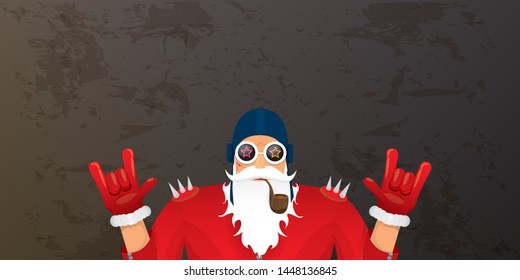vector DJ rock n roll santa claus with smoking pipe, santa beard and funky hat isolated on grunge horizontal banner background with xmas stars and lights. Horizontal Christmas hipster party poster