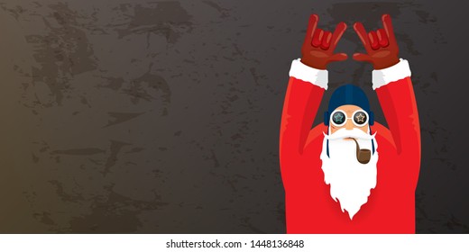 vector DJ rock n roll santa claus with smoking pipe, santa beard and funky hat isolated on grunge horizontal banner background with xmas stars and lights. Horizontal Christmas hipster party poster