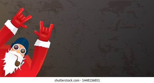 vector DJ rock n roll santa claus with smoking pipe, santa beard and funky hat isolated on grunge horizontal banner background with xmas stars and lights. Horizontal Christmas hipster party poster