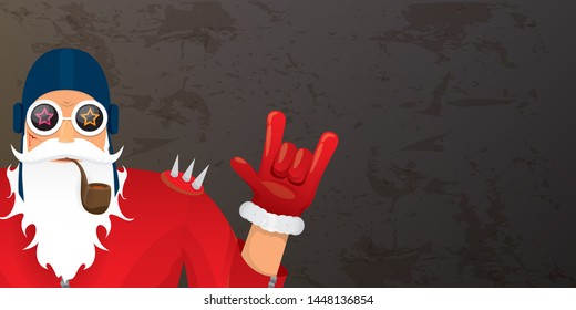 vector DJ rock n roll santa claus with smoking pipe, santa beard and funky hat isolated on grunge horizontal banner background with xmas stars and lights. Horizontal Christmas hipster party poster