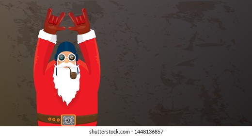 vector DJ rock n roll santa claus with smoking pipe, santa beard and funky hat isolated on grunge horizontal banner background with xmas stars and lights. Horizontal Christmas hipster party poster