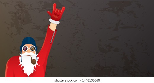 vector DJ rock n roll santa claus with smoking pipe, santa beard and funky hat isolated on grunge horizontal banner background with xmas stars and lights. Horizontal Christmas hipster party poster