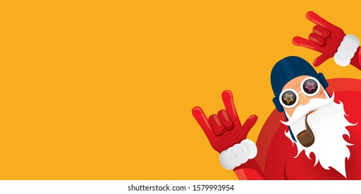 vector DJ rock n roll santa claus with smoking pipe, santa beard and funky hat isolated on orange horizontal banner background. Horizontal Christmas hipster party poster or sale flyer template