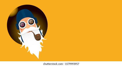 vector DJ rock n roll santa claus with smoking pipe, santa beard and funky hat isolated on orange horizontal banner background. Horizontal Christmas hipster party poster or sale flyer template